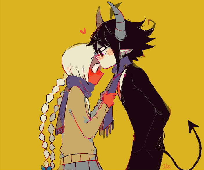 1boy, 1girl, black_hair, colored_skin, couple, demon_horns, funamusea, glasses_(funamusea)