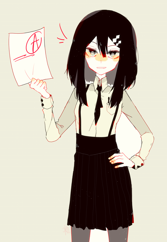 1girl, black_hair, collared_shirt, etihw_(funamusea), funamusea, haiiro_teien, hand_on_own_hip, sakiroll