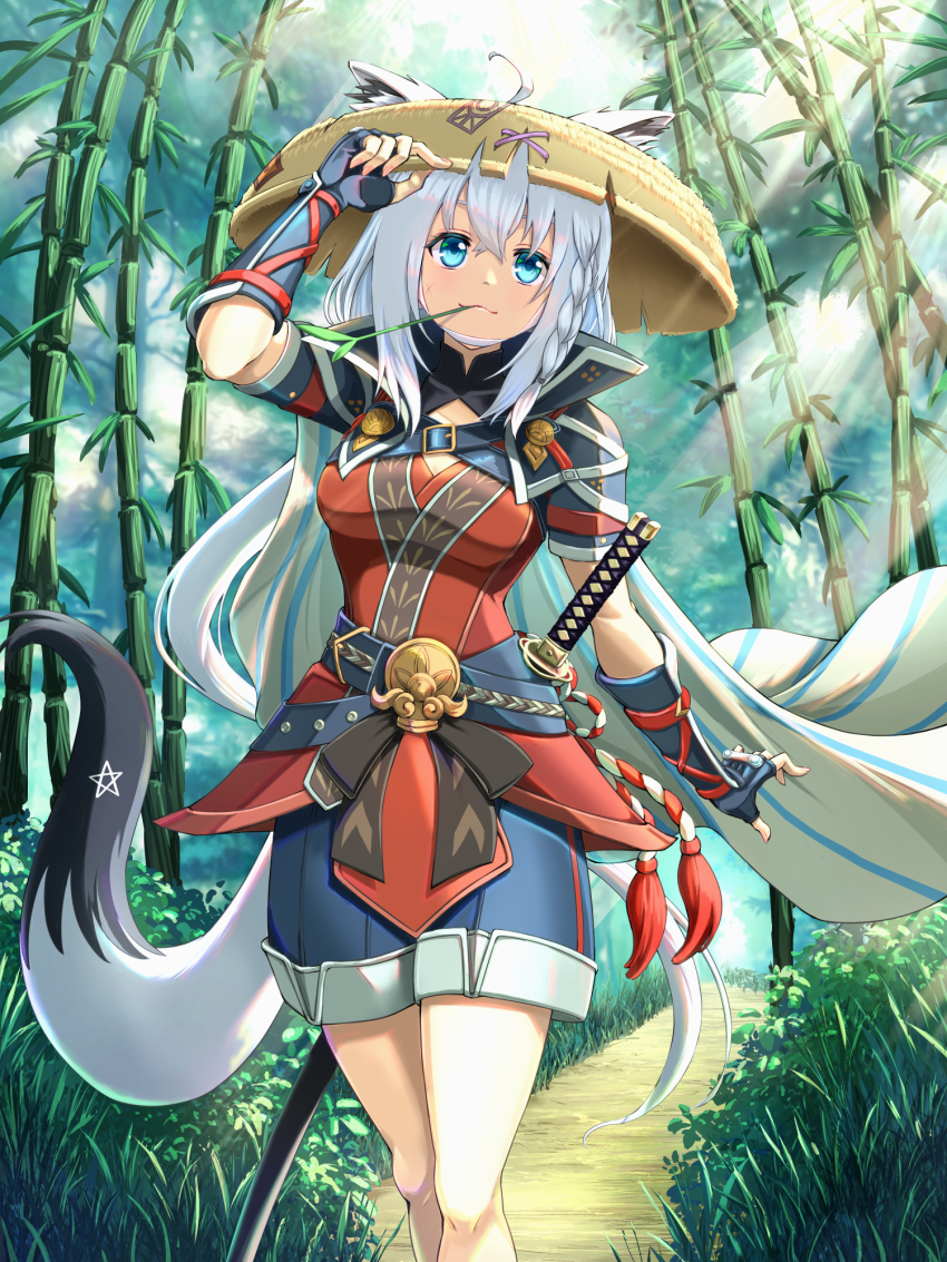 1girl, ahoge, alternate_costume, animal_ears, bamboo, bamboo_forest, black_gloves, blue_eyes, blue_shorts, braid, chiga_akira, fingerless_gloves, forest, fox_ears, fox_girl, fox_tail, gloves, grey_hair, highres, hololive, japanese_clothes, japanese_hat, katana, long_hair, looking_at_viewer, nature, shirakami_fubuki, shorts, single_braid, smile, solo, sword, tail, virtual_youtuber, weapon