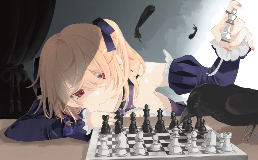 1girl, bare_shoulders, bird, black_feathers, blonde_hair, bow, crow, detached_sleeves, dress, falling_feathers, feathers, fischl_(ein_immernachtstraum)_(genshin_impact), fischl_(genshin_impact), gem, genshin_impact, highres, jewelry, komesiwo_syumi, long_hair, long_sleeves, no_eyepatch, official_alternate_costume, purple_gem, red_eyes, ribbon, two_side_up