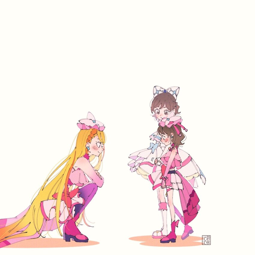 3girls, aoi_tete, artist_logo, ascot, blonde_hair, boots, bow, skirt_bow