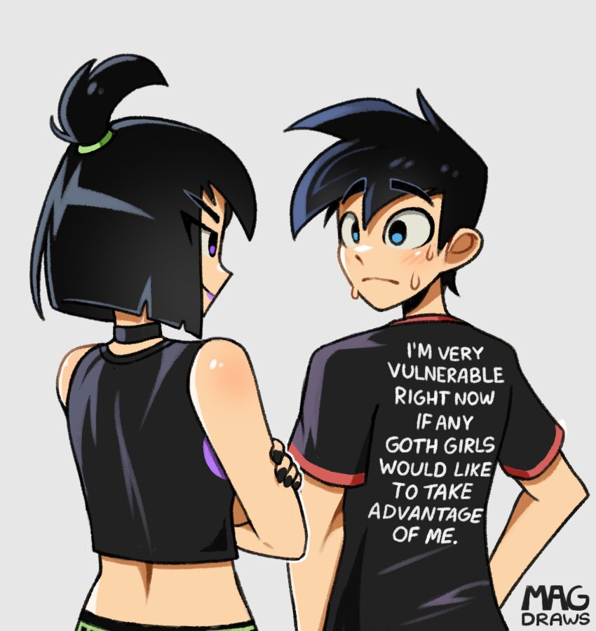 1boy, 1girl, artist_name, back_peek, black_choker, black_hair, black_nails, black_shirt