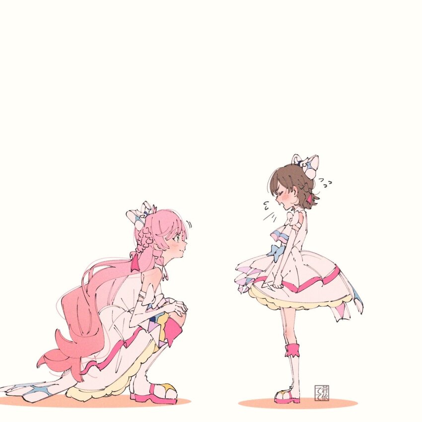 2girls, aoi_tete, artist_logo, ascot, blush, boots, bow, braid