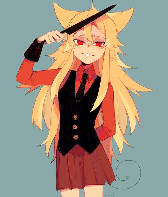 1girl, blonde_hair, collared_shirt, funamusea, grin, holding, holding_knife, knife, looking_at_viewer, moge-ko, mogeko_castle, red_eyes, red_shirt, red_skirt, sakiroll, shirt, skirt, smile