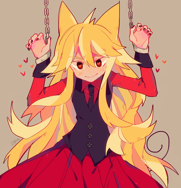 1girl, animal_ears, blonde_hair, funamusea, long_hair, looking_at_viewer, moge-ko, mogeko_castle, red_skirt, sakiroll, skirt, solo, very_long_hair, vest, waistcoat