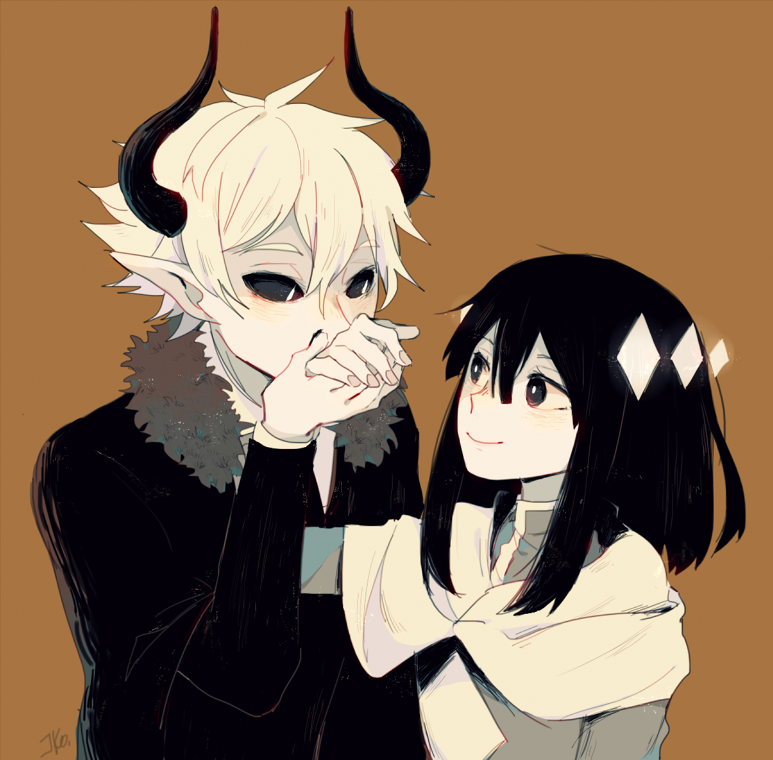 1boy, 1girl, black_hair, blush, couple, demon, demon_horns, dress