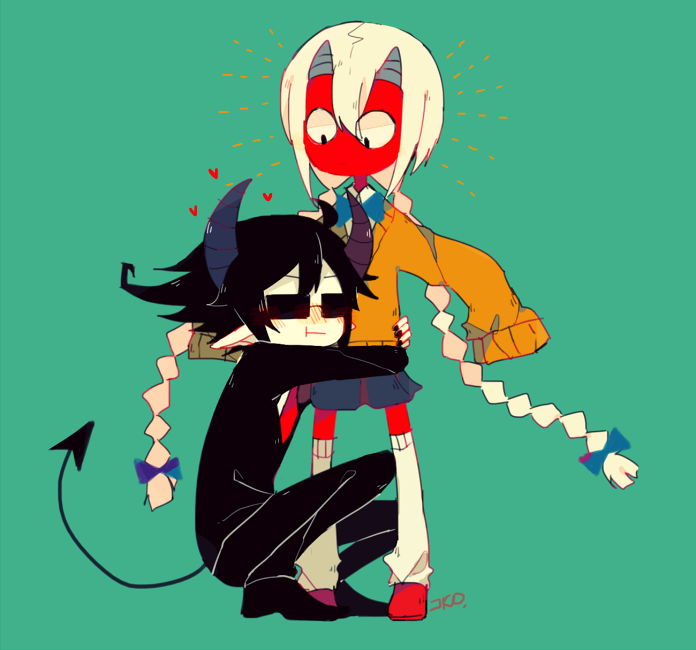 1boy, 1girl, black_hair, blush, commentary, couple, demon, demon_horns