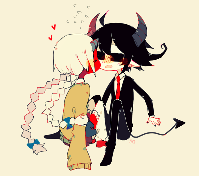 1boy, 1girl, blush, colored_skin, couple, demon, demon_horns, funamusea