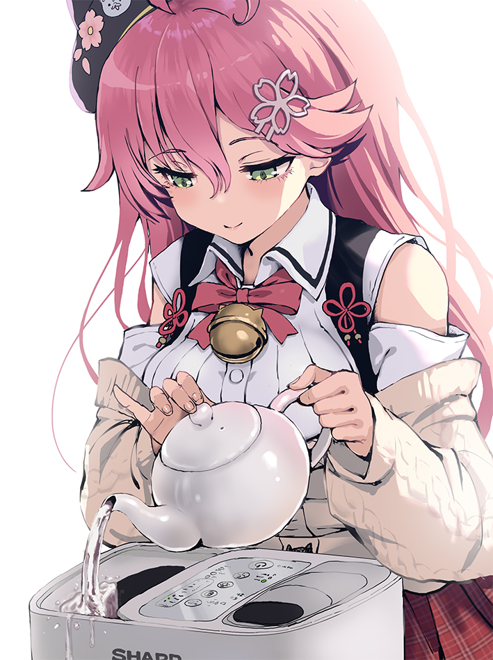 1girl, 35p_(sakura_miko), ahoge, animal_hat, bell, beret, black_headwear, bow