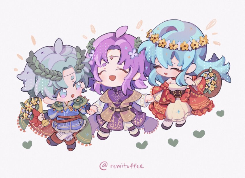 1girl, 2boys, :o, aqua_eyes, aqua_hair, artist_name, bouquet, brown_bag