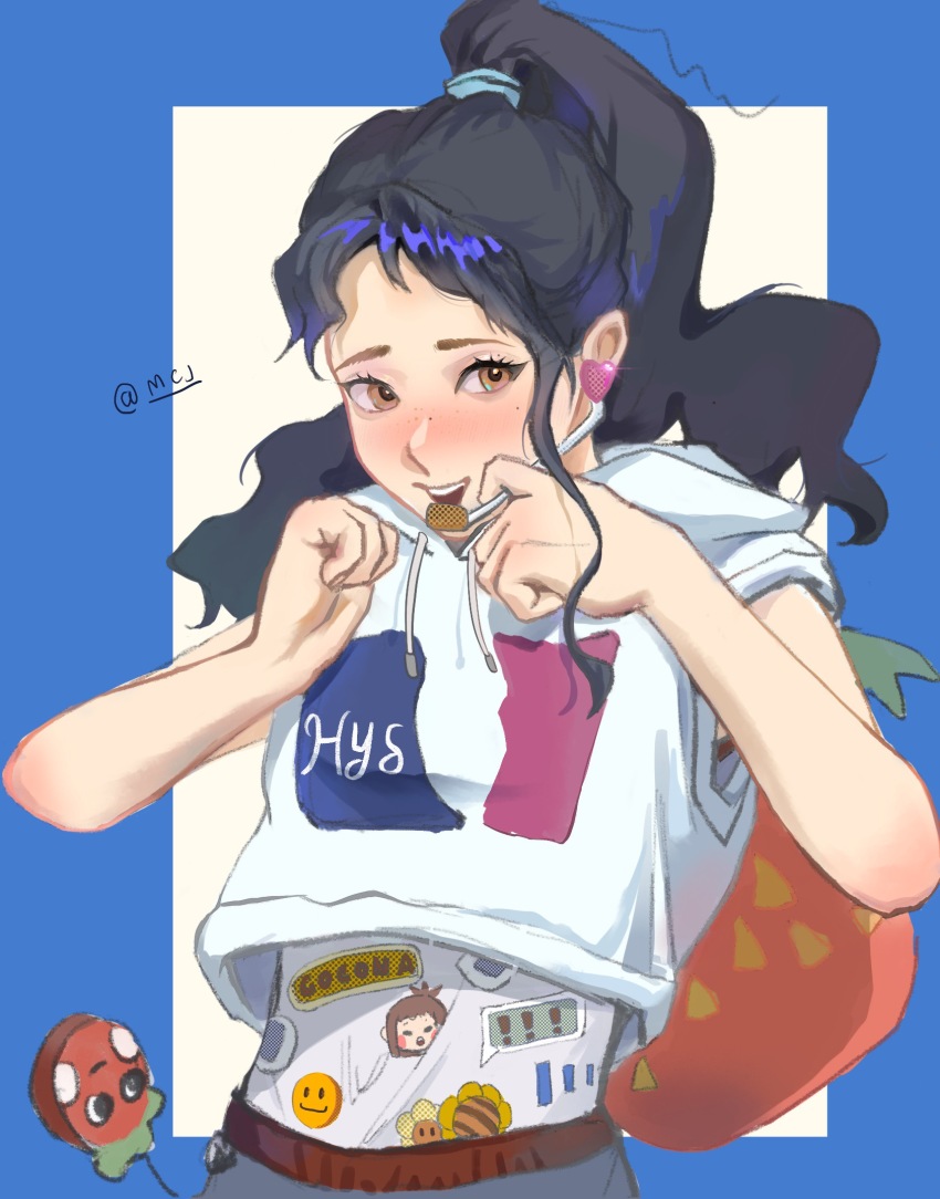 1girl, backpack, bag, black_eyeliner, black_hair, blue_border, blush, border