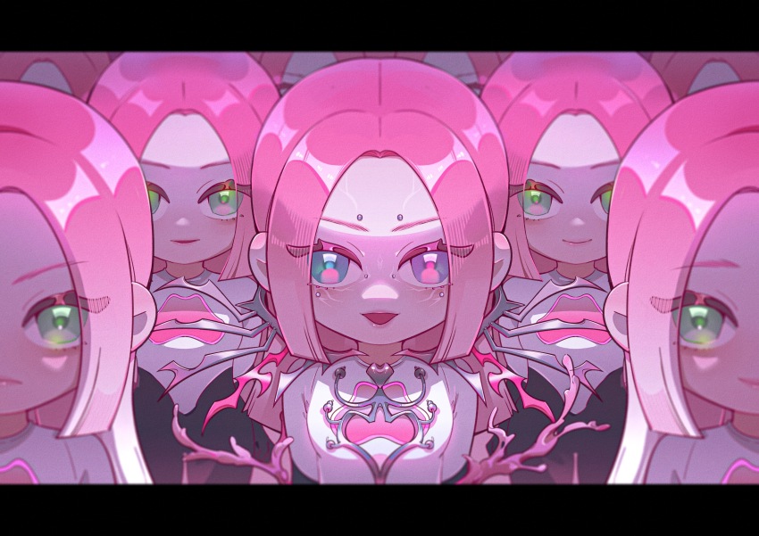 6+girls, absurdres, animification, blue_eyes, breasts, clone, eye_piercing, eyebrow_piercing