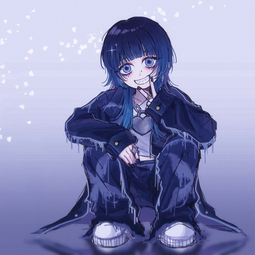1girl, absurdres, animification, black_hair, black_nails, black_pants, blue_eyes, blue_hair, braces, chain, denim, earrings, face_piercing, gradient_hair, grey_background, head_tilt, highres, jeans, jewelry, jurin_(xg), long_hair, long_sleeves, looking_at_viewer, multicolored_hair, nose_piercing, o_bianyi_didi_shu_o, pants, parted_lips, piercing, real_life, reflection, ring, shoes, sleeves_past_wrists, smile, sneakers, solo, squatting, star_(symbol), v, white_shoes, xg_(group)