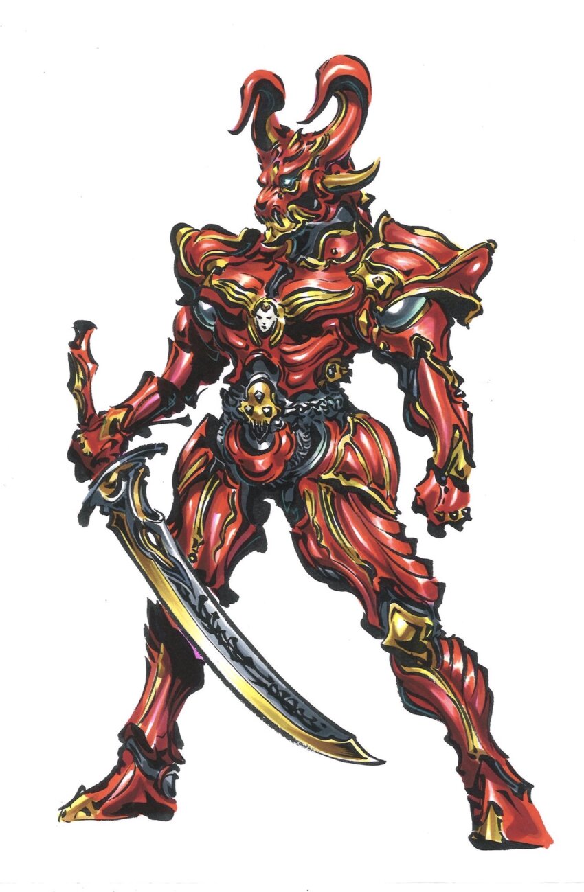 amemiya_keita, armor, breastplate, commentary_request, concept_art, demon_horns, fake_horns, full_armor