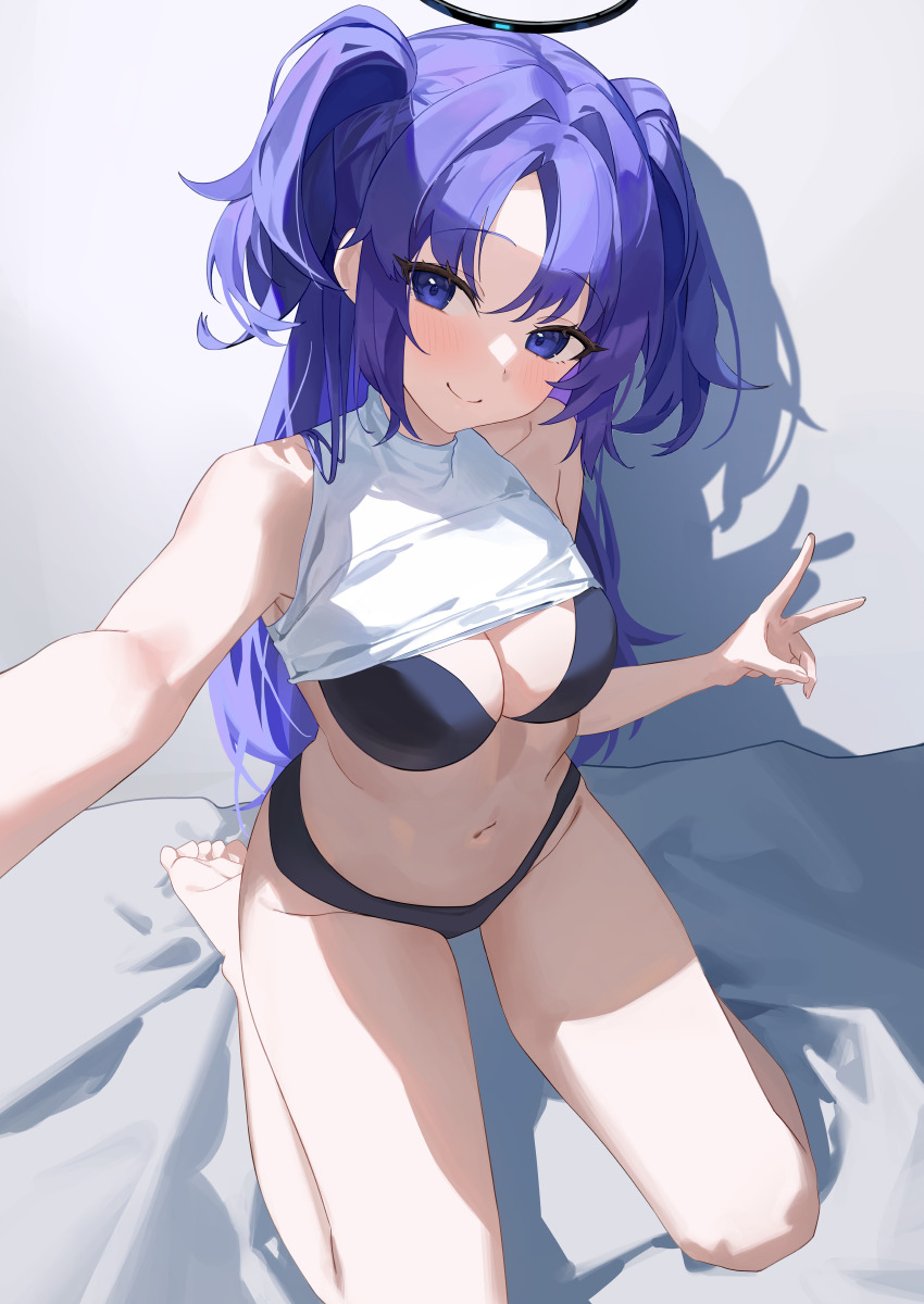 1girl, absurdres, barefoot, black_bra, black_panties, blue_archive, blush, bra