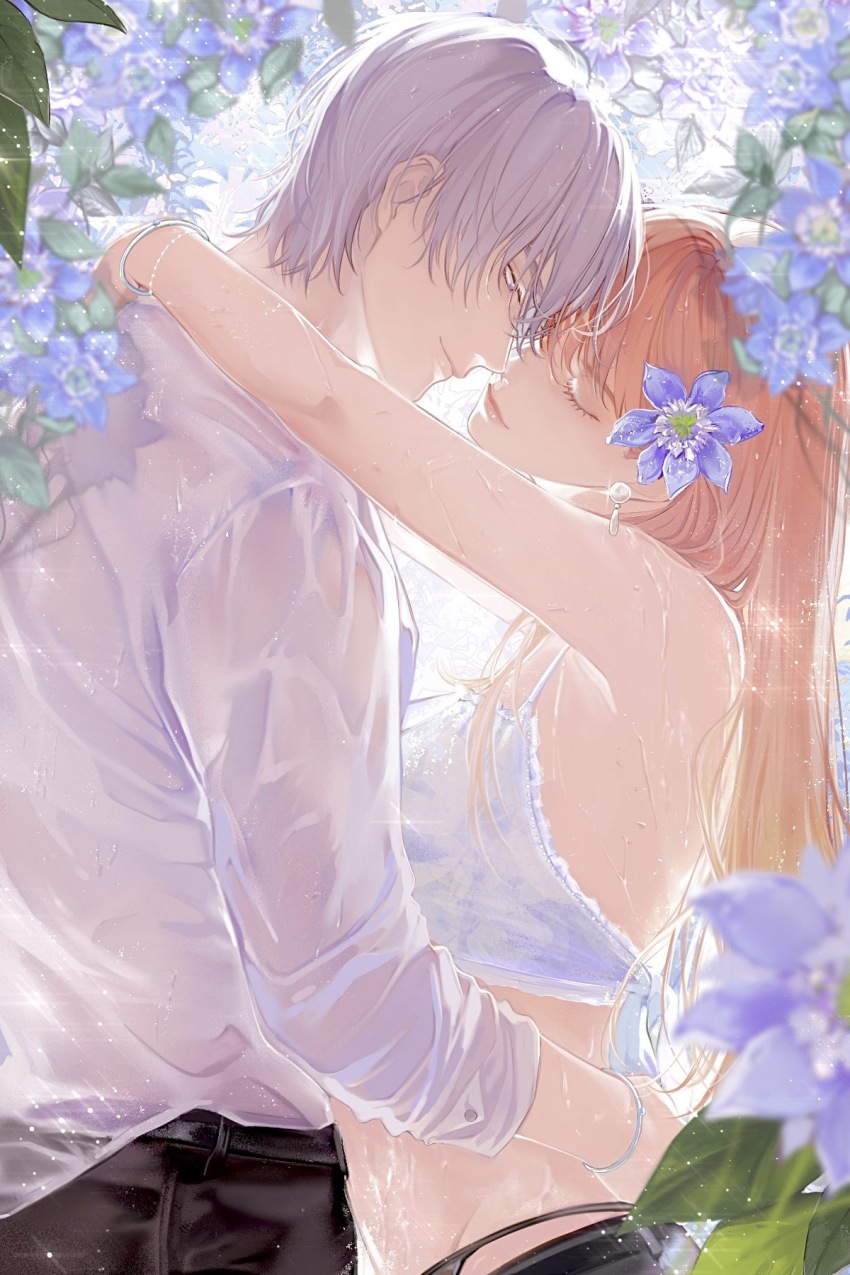 1boy, 1girl, black_panties, black_pants, blurry, bracelet, charlie_su, closed_mouth, commentary, couple, cowboy_shot, crop_top, depth_of_field, earrings, flower, from_side, grey_hair, hair_flower, hair_ornament, halterneck, hand_on_another's_hip, head_tilt, hetero, highleg, highleg_panties, highres, hip_bones, hug, ikekomori, imminent_kiss, jewelry, leaf, light_and_night_love, lips, long_hair, long_sleeves, looking_at_another, midriff, orange_hair, orange_lips, panties, pants, passion_flower, pearl_earrings, profile, protagonist_(light_and_night_love), purple_eyes, purple_flower, shirt, short_hair, sleeves_pushed_up, smile, spaghetti_strap, sparkle, untranslatable_commentary, underwear, upper_body, wet, wet_clothes, wet_shirt, white_shirt, wispy_bangs
