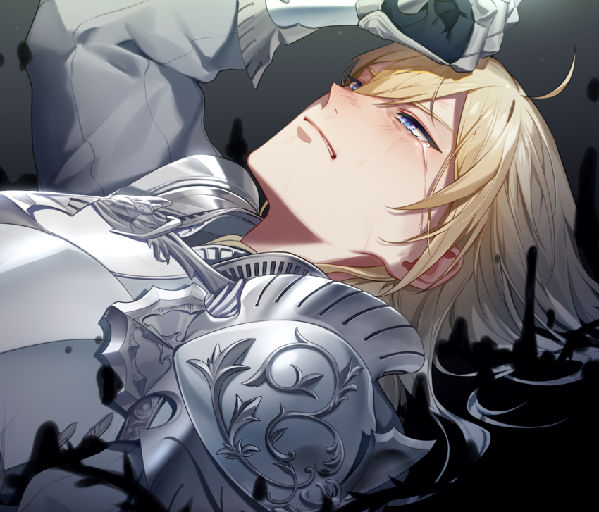 13_(bbr584607091), 1boy, armor, biting_own_lip, black_gloves, blonde_hair, blue_eyes, breastplate, crying, crying_with_eyes_open, gauntlets, gloves, grey_background, grey_shirt, hair_between_eyes, hand_up, highres, dawn_knight_(twisted_wonderland), liquid, long_hair, long_sleeves, lying, male_focus, on_back, pauldrons, shirt, shoulder_armor, single_pauldron, solo, spoilers, tears, twisted_wonderland, upper_body, white_armor