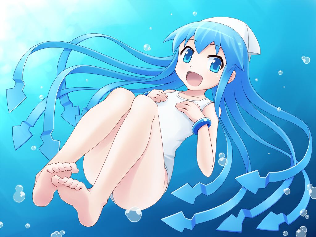 1girl, bad_id, bad_pixiv_id, barefoot, blue_eyes, blue_hair, bracelet, feet