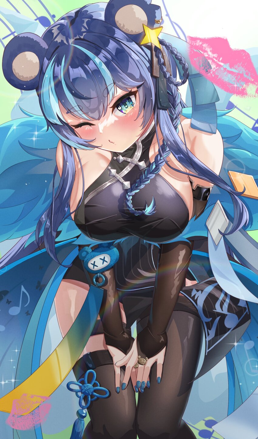1girl, absurdres, animal_ears, aqua_eyes, aqua_hair, aqua_shawl, asymmetrical_clothes, asymmetrical_legwear, bare_shoulders, bear_ears, bear_girl, bent_over, blue_hair, blue_nails, blush, braid, breasts, bridal_gauntlets, china_dress, chinese_clothes, chinese_knot, clothes_lift, colored_inner_hair, detached_sleeves, dress, ear_ornament, earrings, feet_out_of_frame, fujikura_uruka, fujikura_uruka_(elite), fur_shawl, hair_ornament, hair_rings, highres, itsuki_(itsukii_en), jewelry, knees_together_feet_apart, large_breasts, lens_flare, lipstick_mark, loincloth, loincloth_lift, long_hair, looking_at_viewer, medium_breasts, multicolored_hair, musical_note, one_eye_closed, pelvic_curtain, phase_connect, puckered_lips, ring, shawl, side_braid, sideboob, sidelocks, simple_background, solo, streaked_hair, talisman, tassel, taut_clothes, taut_dress, thick_eyebrows, thigh_gap, two-tone_hair, v_arms, virtual_youtuber, wispy_bangs