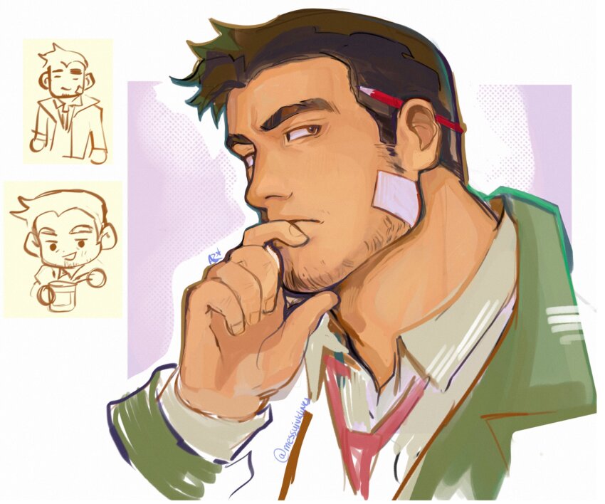 1boy, ace_attorney, adam's_apple, bandage_on_face, bandages, black_hair, border, chibi, chibi_inset, closed_mouth, collared_shirt, cropped_shoulders, dick_gumshoe, fingernails, food, green_jacket, highres, holding, holding_food, jacket, looking_to_the_side, male_focus, messyinklines, necktie, opening_can, pencil_behind_ear, red_necktie, shirt, short_hair, sideburns, sparse_stubble, thinking, white_border, white_shirt