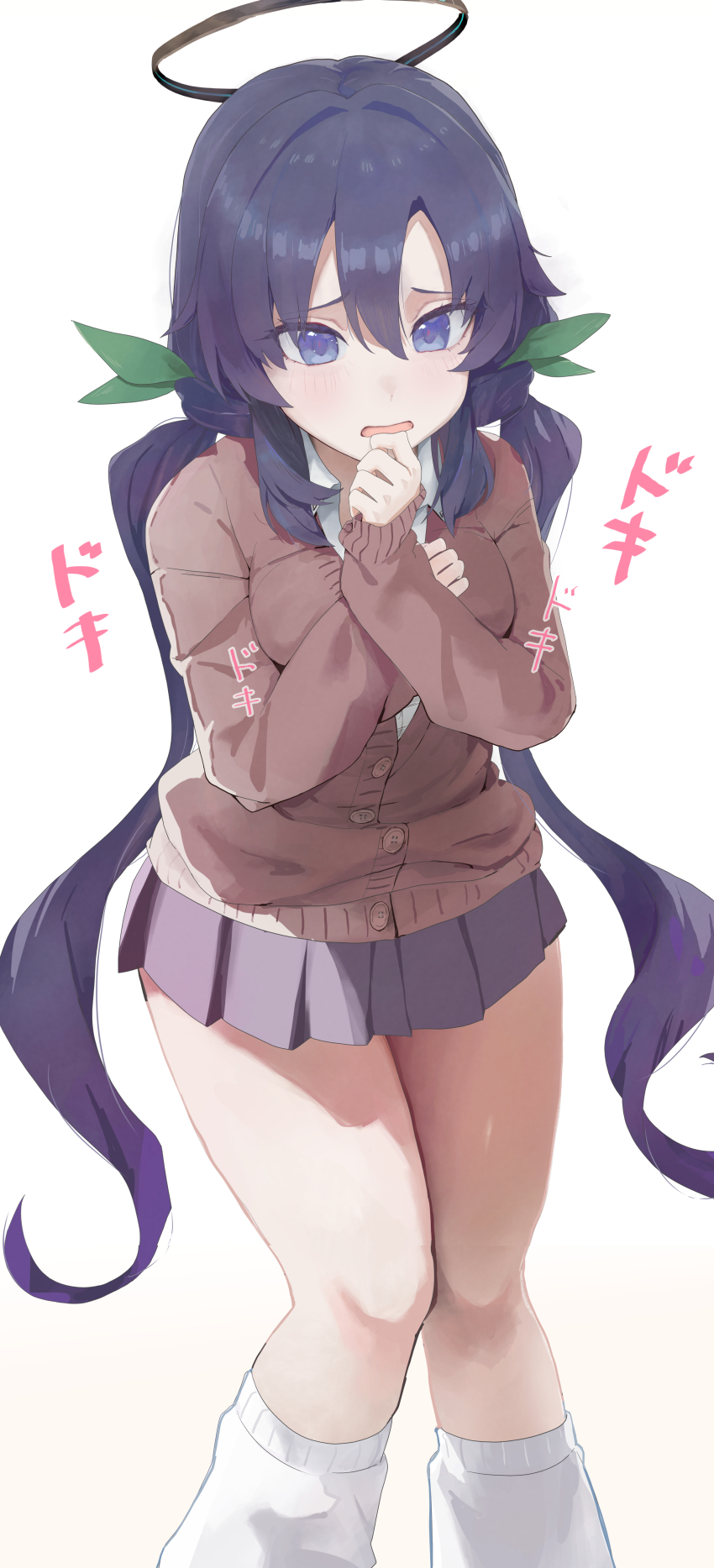 1girl, absurdres, alternate_costume, alternate_hairstyle, black_skirt, blue_archive, blush, brown_cardigan, buttons, cardigan, collared_shirt, dezi, feet_out_of_frame, gradient_background, hair_between_eyes, halo, highres, long_hair, long_sleeves, looking_at_viewer, loose_socks, low_twintails, mechanical_halo, open_mouth, pleated_skirt, purple_eyes, purple_hair, shirt, skirt, socks, solo, twintails, white_shirt, white_socks, yuuka_(blue_archive)