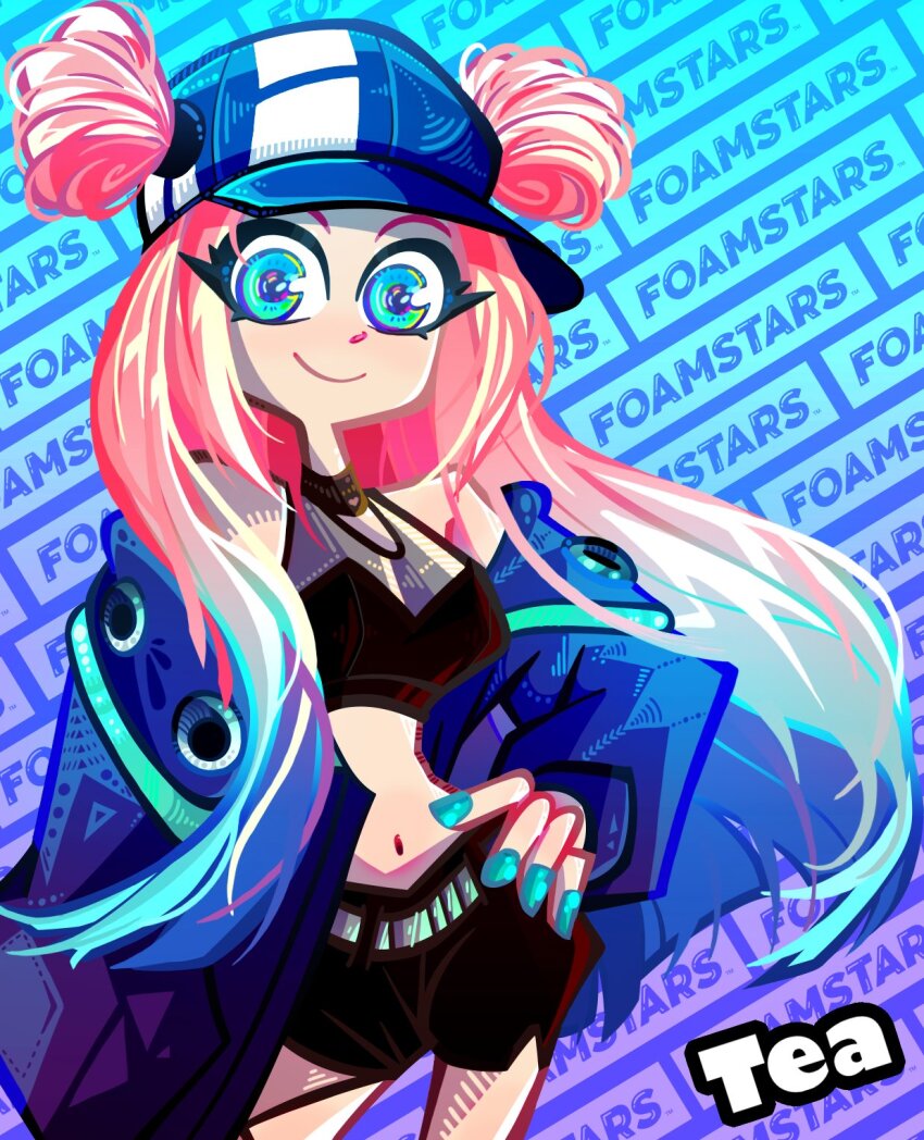 black_eyeliner, black_shorts, blue_headwear, blue_jacket, crop_top, eyeliner, foamstars, highres