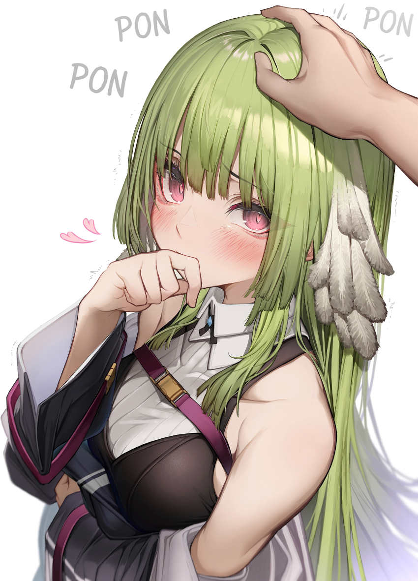 1girl, 1other, absurdres, arknights, bare_shoulders, blush, breasts, collarbone, commentary_request, detached_sleeves, feather_hair, green_hair, hand_on_another's_head, heart, heart-shaped_pupils, highres, long_hair, looking_at_viewer, medium_breasts, missing_headwear, petting, pink_eyes, poncirus_(arknights), simple_background, solo_focus, symbol-shaped_pupils, tab_head, white_background