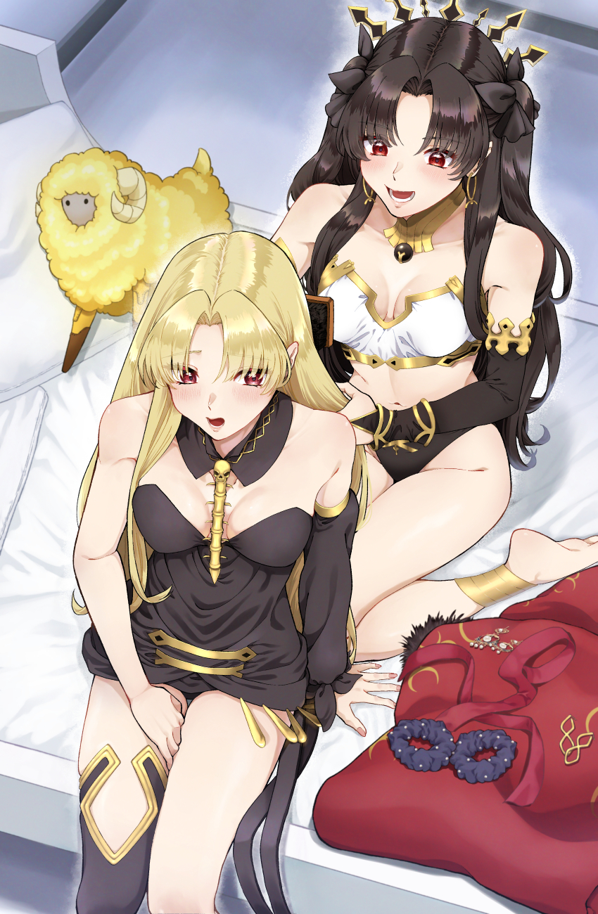 2girls, absurdres, armlet, bare_shoulders, bed, black_hair, blush, breasts
