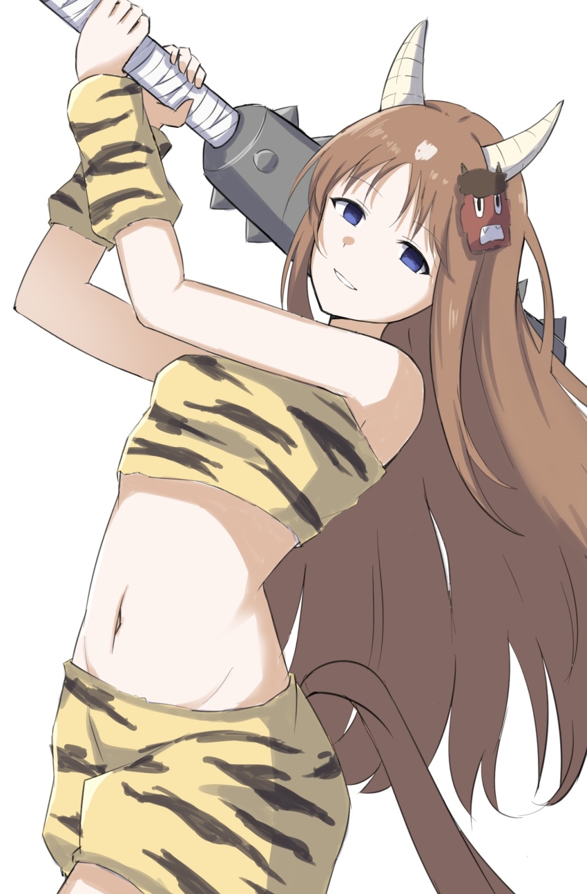 1girl, alternate_costume, animal_ears, blue_eyes, brown_hair, clothing_cutout, club_(weapon), empty_eyes