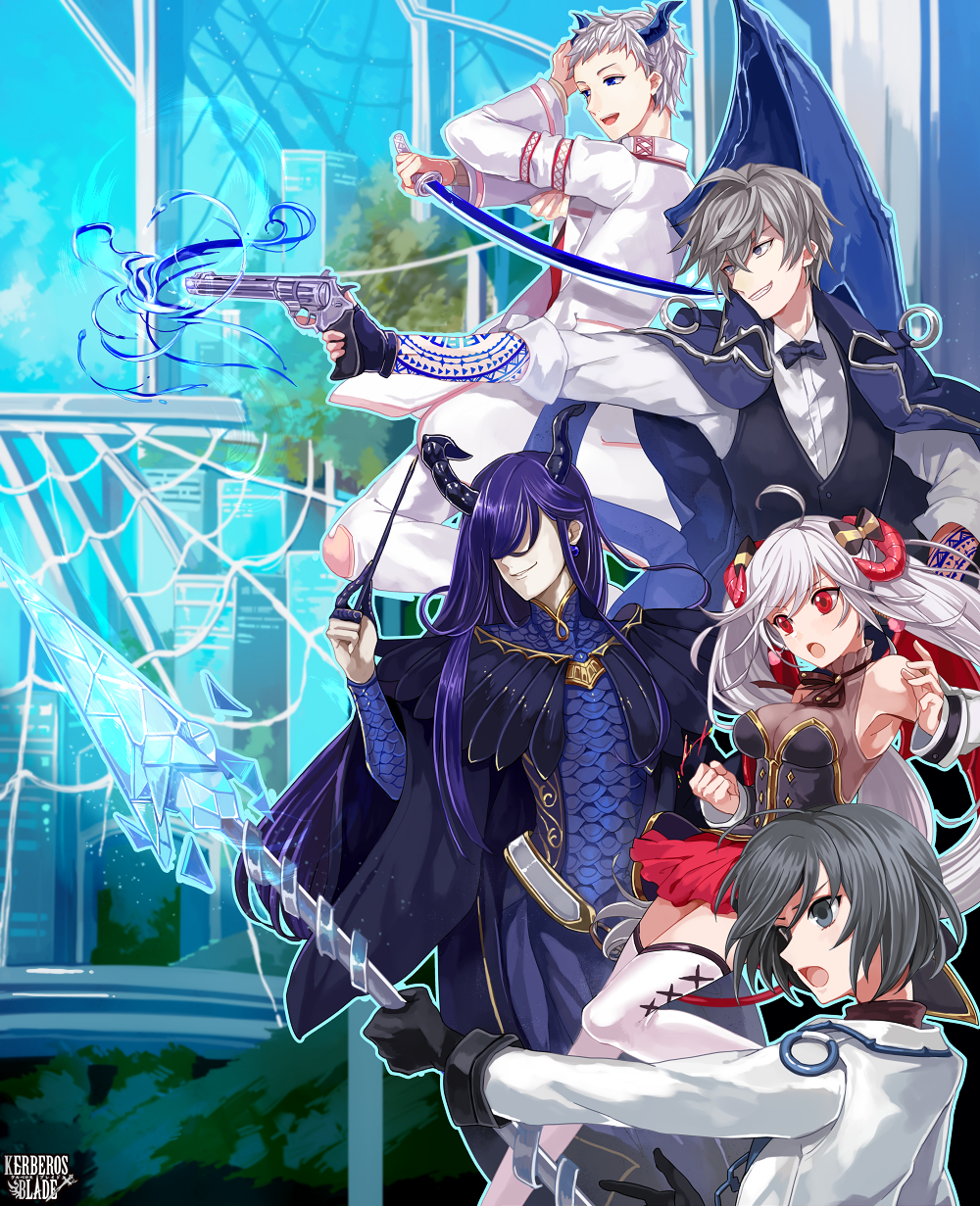 1girl, 4boys, :o, ahoge, black_bow, black_bowtie, black_gloves, black_horns, bow, bowtie, breasts, clenched_hand, curled_horns, day, demon_wings, earrings, fingerless_gloves, gloves, grey_hair, gun, hachi_(tw), hair_bow, hair_over_eyes, hand_up, hands_up, highres, holding, holding_gun, holding_polearm, holding_sword, holding_wand, holding_weapon, horns, jewelry, kerberos_blade, long_sleeves, magic, medium_breasts, multiple_boys, pants, polearm, purple_hair, red_eyes, red_horns, shirt, sword, thighhighs, wand, weapon, white_hair, white_pants, white_shirt, white_thighhighs, wings