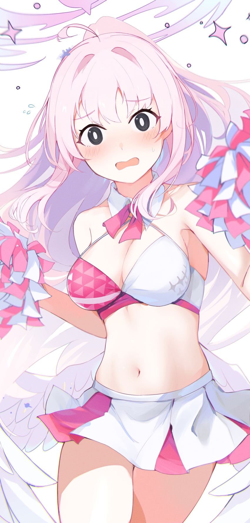 1girl, absurdres, angel_wings, blue_archive, blush, breasts, cheering, cheerleader