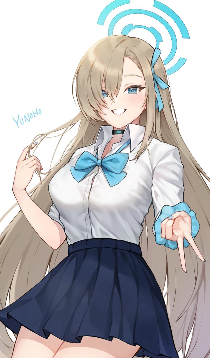 1girl, asuna_(blue_archive), black_choker, black_skirt, blue_archive, blue_bow, blue_bowtie, blue_eyes