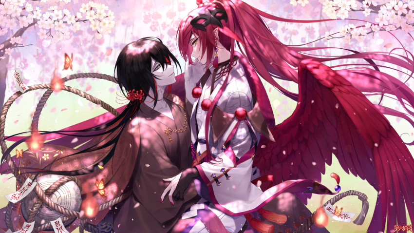 2boys, androgynous, bird_mask, bird_wings, black_gloves, black_hair, blush, brown_kimono, bug, butterfly, cherry_blossoms, closed_mouth, clothing_cutout, colored_inner_hair, cowboy_shot, dairoku_ryouhei, dappled_sunlight, earrings, embarrassed, falling_petals, feathered_wings, fire, floral_print, flower, from_side, gloves, grey_eyes, hair_between_eyes, hair_flower, hair_ornament, hair_over_one_eye, hand_on_another's_back, hand_on_another's_face, haori, highres, hitodama, insect, jacket, jacket_on_shoulders, japanese_clothes, jewelry, kamikari_kafuka, kariginu, kimono, long_hair, long_sleeves, looking_at_another, low_ponytail, male_focus, mask, mask_on_head, multicolored_hair, multiple_boys, nail_polish, orange_butterfly, oriti4, pants, parted_lips, partially_fingerless_gloves, petals, pink_flower, pink_hair, pink_nails, pointy_ears, pom_pom_(clothes), ponytail, profile, red_flower, red_hair, red_jacket, red_wings, robe, rope, shimenawa, sidelocks, sideways_glance, sitting, sitting_on_lap, sitting_on_person, smile, sou_iwai, spider_lily, sunlight, talisman, tassel, tassel_earrings, tengu, tree, white_pants, white_robe, wide_sleeves, wings, yaoi, yellow_eyes