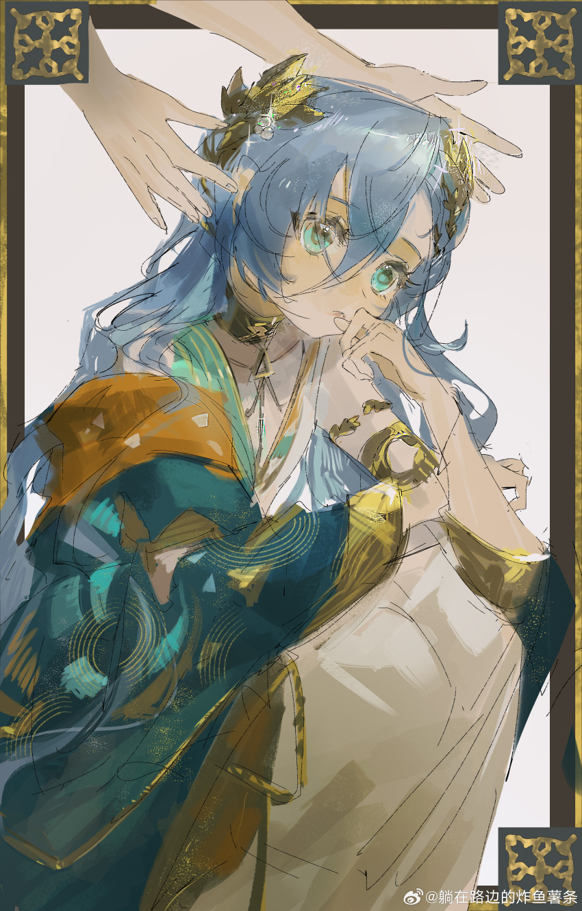 1girl, 1other, 37_(reverse:1999), absurdres, ancient_greek_clothes, aqua_eyes, armlet, black_choker