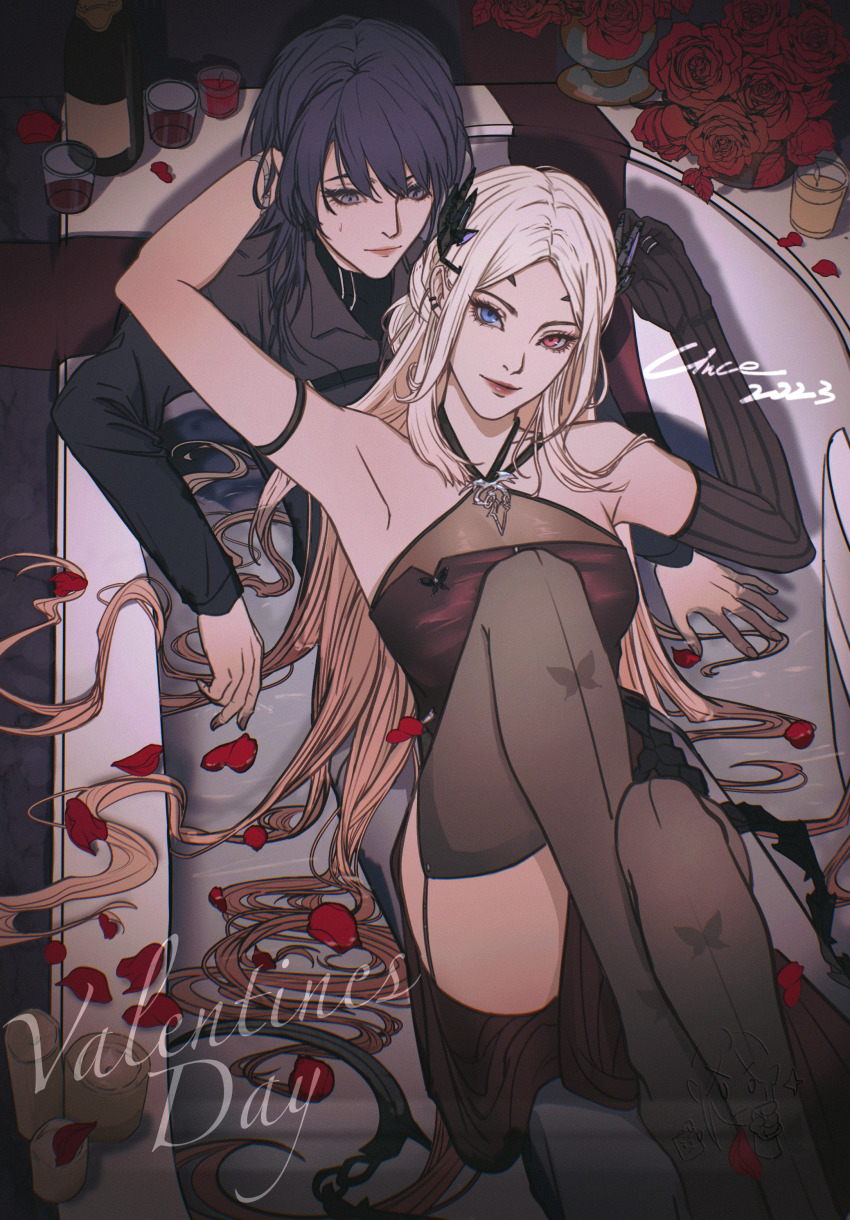 2girls, absurdres, alcohol, animal_print, armpits, bare_shoulders, bathtub, black_gloves