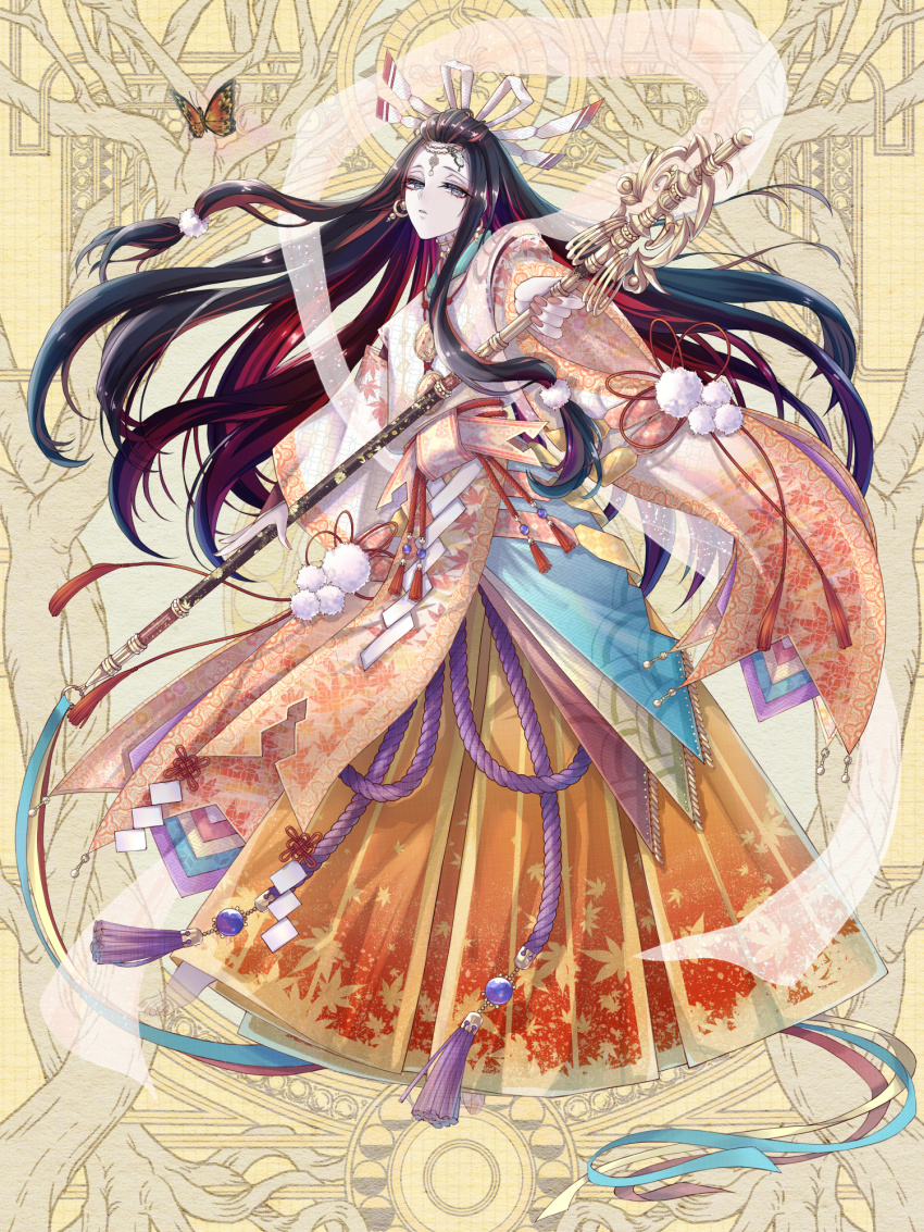 1boy, androgynous, bangs_pinned_back, black_hair, blue_kimono, bridal_gauntlets, bug, butterfly