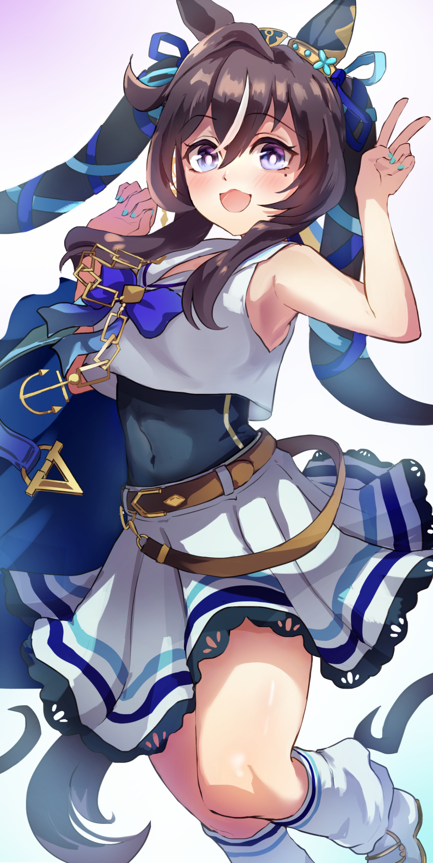 1girl, :3, absurdres, animal_ears, belt, blue_ribbon, blush, brown_belt, brown_hair, covered_navel, crop_top, ear_covers, earrings, feet_out_of_frame, hair_between_eyes, hair_ribbon, highres, horse_ears, horse_girl, horse_tail, jewelry, leg_up, long_hair, looking_at_viewer, loose_socks, midriff, mole, mole_under_eye, multicolored_hair, nikotomiko025, open_mouth, purple_eyes, ribbon, sailor_collar, sailor_shirt, shirt, single_ear_cover, single_earring, skirt, sleeveless, sleeveless_shirt, socks, solo, streaked_hair, tail, twintails, umamusume, v, vivlos_(umamusume), white_footwear, white_headwear, white_shirt, white_skirt, white_socks