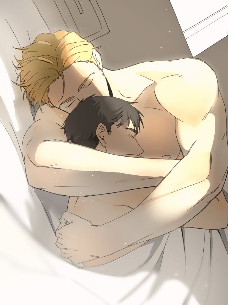 2boys, afterglow, ao_isami, black_hair, blonde_hair, couple, covering_privates, cuddling