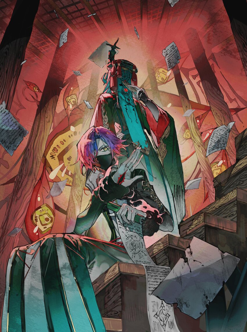 2boys, absurdres, black_headwear, blue_hair, caster_(fate/samurai_remnant), covered_face, covered_mouth, disembodied_eye