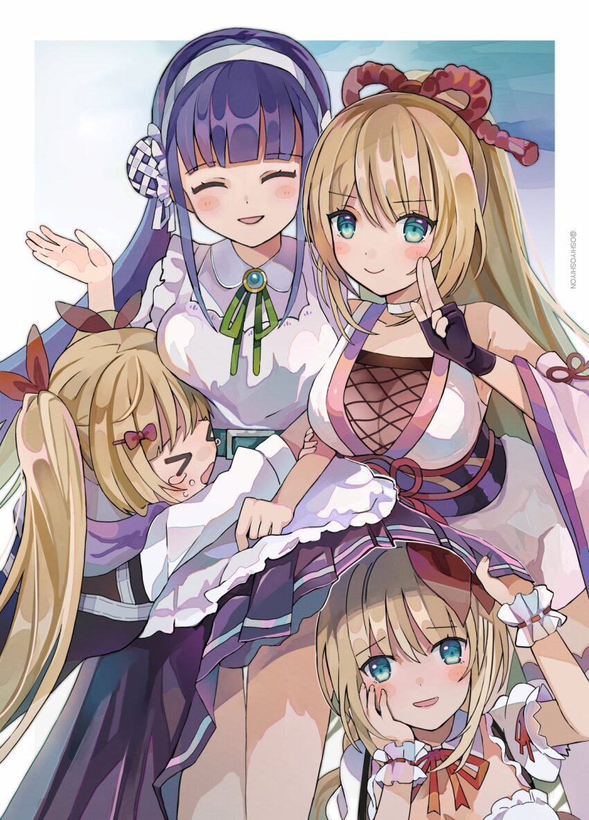 2girls, blonde_hair, blue_hair, bun_cover, double_bun, dress, gloves, green_ribbon