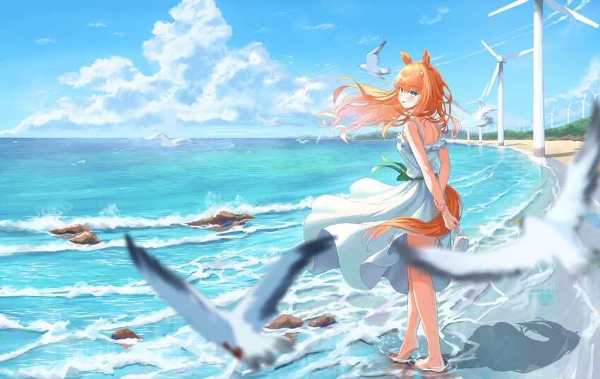 1girl, absurdres, alternate_costume, animal_ears, arms_behind_back, ayloss, barefoot, beach