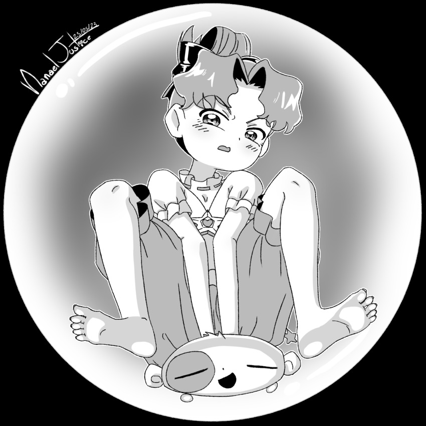 1girl, accessories, artist_name, barefoot, blush, bubble, cosmic_baton_girl_comet-san, dated