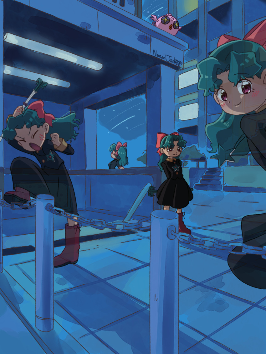 angry, bird, blush, boots, brown_shirt, brown_skirt, city, closed_eyes