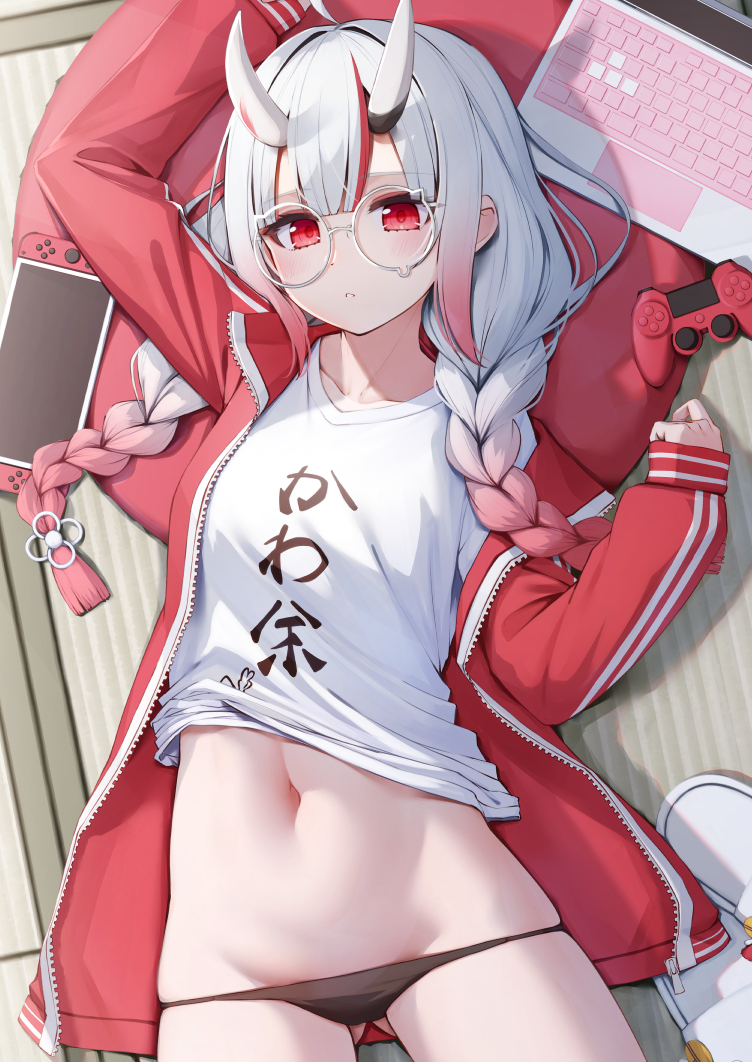 arm_up, black_panties, braid, collarbone, computer, controller, game_controller, gradient_hair