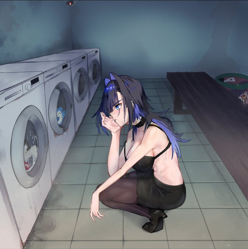 absurdres, alternate_hairstyle, bench, black_bra, black_footwear, black_hair, black_skirt, blue_eyes, blue_hair, bra, breasts, cleaning, clock, daaku_(koizumi_arata), from_side, hakos_baelz, hand_on_own_face, high_heels, highres, hololive, hololive_english, indoors, kneeling, kronie_(ouro_kronii), large_breasts, laundry, multicolored_hair, no_shirt, ouro_kronii, pantyhose, ponytail, skirt, spider_baelz, squatting, topless_female, two-tone_hair, underwear, virtual_youtuber, waiting, washing_clothes, washing_machine