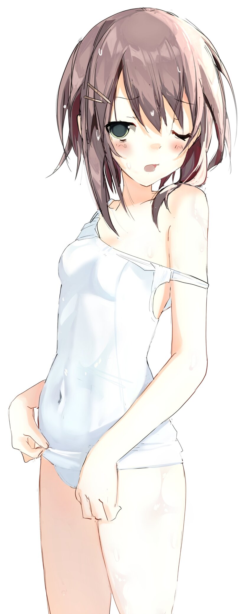 1girl, absurdres, arms_at_sides, bare_shoulders, blush, breasts, brown_hair, commentary