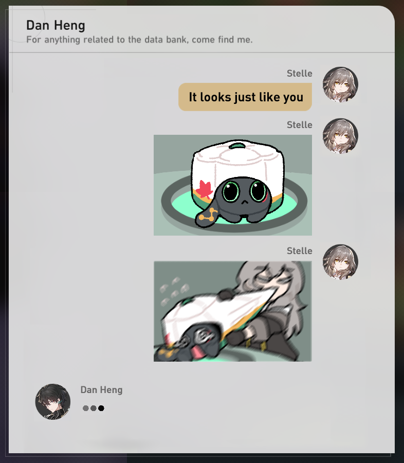 1boy, 1girl, :<, biting, black_gloves, black_jacket, cat, cake_cat_(honkai:_star_rail), crying, dan_heng_(honkai:_star_rail), dan_heng_(rice_dumpling)_(honkai:_star_rail), dorkdragoon, english_text, flying_sweatdrops, gloves, grey_hair, honkai:_star_rail, honkai_(series), jacket, leaf, long_hair, maple_leaf, open_mouth, stelle_(honkai:_star_rail), text_messaging, trailblazer_(honkai:_star_rail)