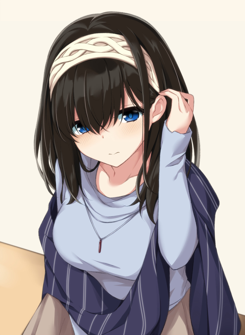 1girl, 3:, adjusting_hair, asagi_nanami, black_hair, blue_eyes, blue_shawl, blue_shirt