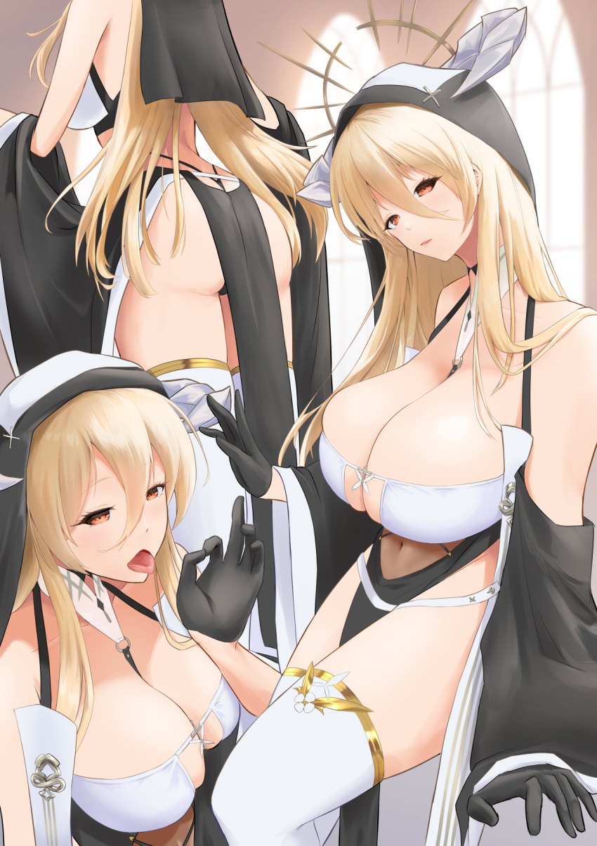 1girl, ass, azur_lane, bare_shoulders, black_gloves, blonde_hair, breast_cutouts, breasts, cleavage, commentary_request, covered_navel, dress, fake_horns, fellatio_gesture, gloves, habit, hair_between_eyes, half_gloves, highres, horns, implacable_(azur_lane), large_breasts, long_hair, looking_at_viewer, misoka1m, multiple_views, nun, open_mouth, pelvic_curtain, red_eyes, revealing_clothes, thighhighs, tongue, tongue_out, two-tone_dress, very_long_hair, white_horns, white_thighhighs