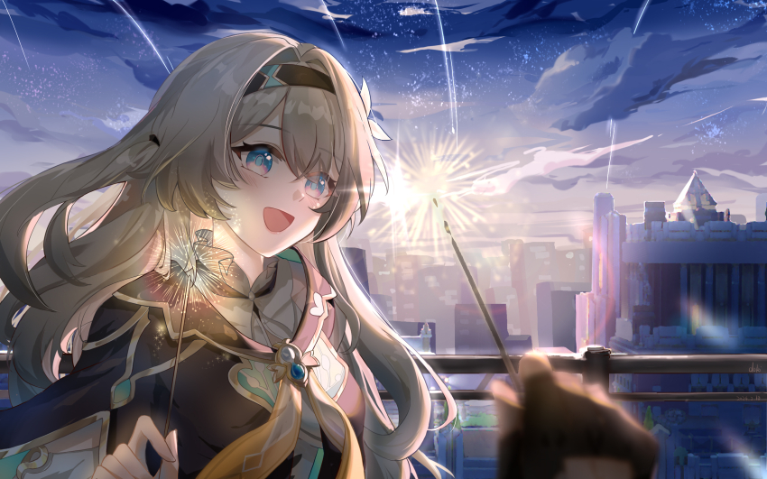 1girl, black_hairband, brown_sailor_collar, firefly_(honkai:_star_rail), fireworks, gold_trim, grey_hair, hair_intakes, hairband, highres, holding, holding_fireworks, honkai:_star_rail, honkai_(series), long_hair, looking_at_viewer, lubeludlk, neckerchief, open_mouth, outdoors, pov, pov_hands, sailor_collar, shirt, smile, sparkler, trailblazer_(honkai:_star_rail), twilight, two_side_up, white_shirt, yellow_neckerchief